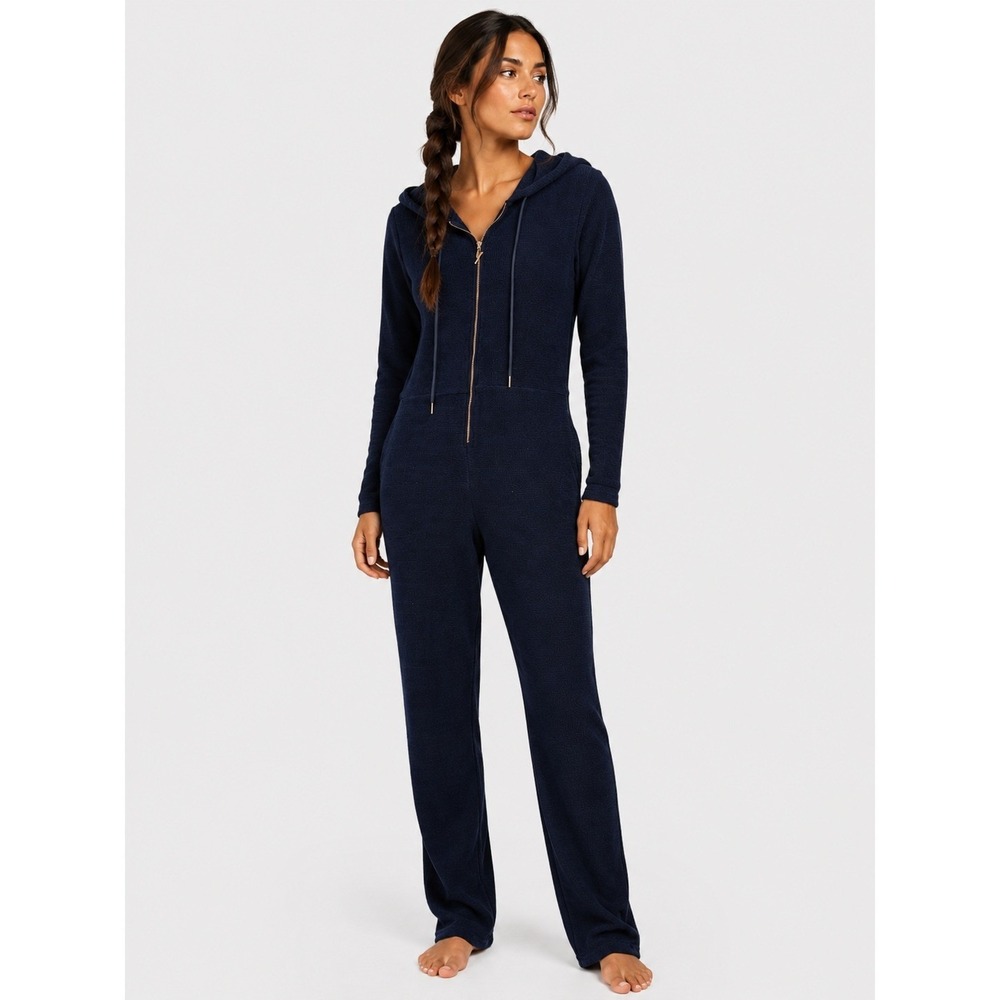 Yitty Pet Me Jumpsuit One Piece Heart Navy Blue Hooded Zip Loungwear‎ Fluffy L